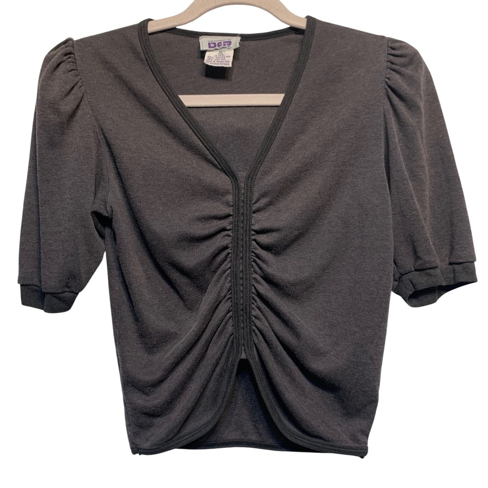 DEB Ruched Front Top Medium black Vintage Y2K 90s V-Neck Split Hem Grunge Goth